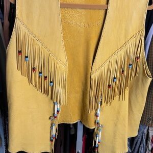 Native Handmade Fringe Leather Vest with Bead Accents Signed by Artist